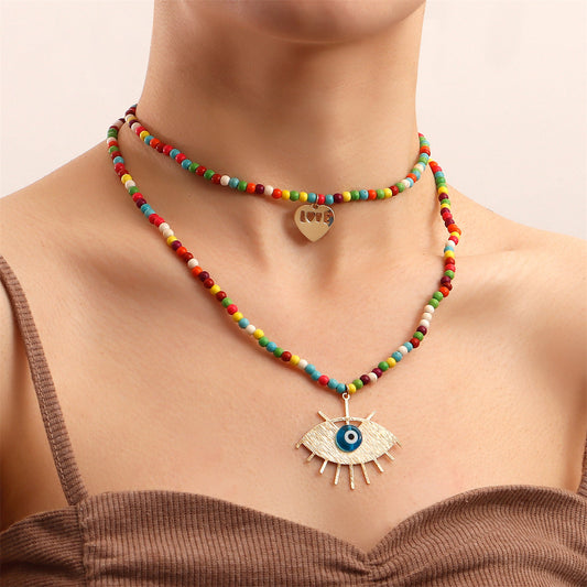 Multicolor Howlite and Acrylic 18K Gold-Plated Heart Eye Layered Pendant Necklace, gold pendant necklace for..., front view