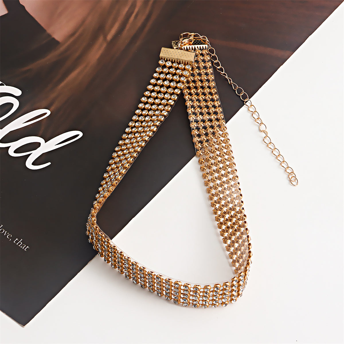 Cubic Zirconia and 18K Gold-Plated Strand Choker, chunky gold choker necklace, vintage-inspired design, side view