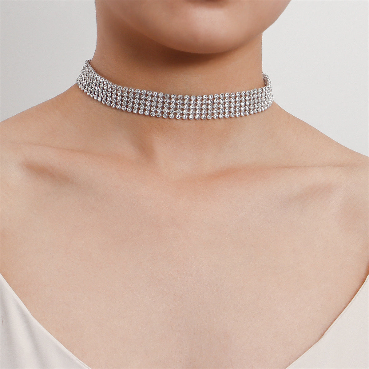 Cubic Zirconia and Silver-Plated Strand Choker Necklace, chunky silver choker necklace, elegant gift for her, side view