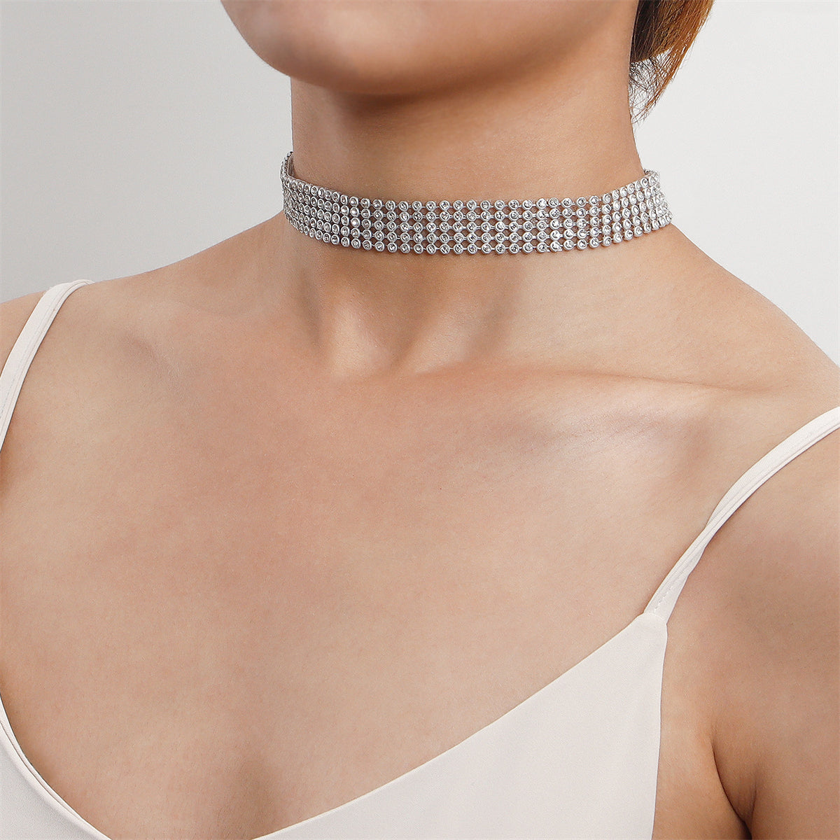 Cubic Zirconia and Silver-Plated Strand Choker Necklace, chunky silver choker necklace, elegant gift for her, detail close-up