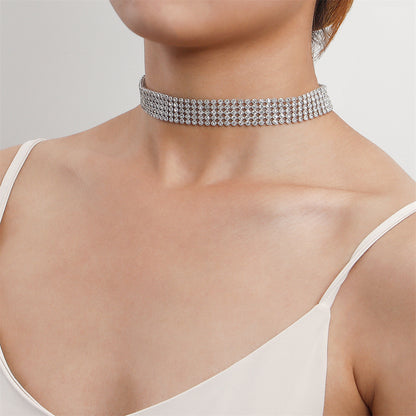 Cubic Zirconia and Silver-Plated Strand Choker Necklace, chunky silver choker necklace, elegant gift for her, detail close-up