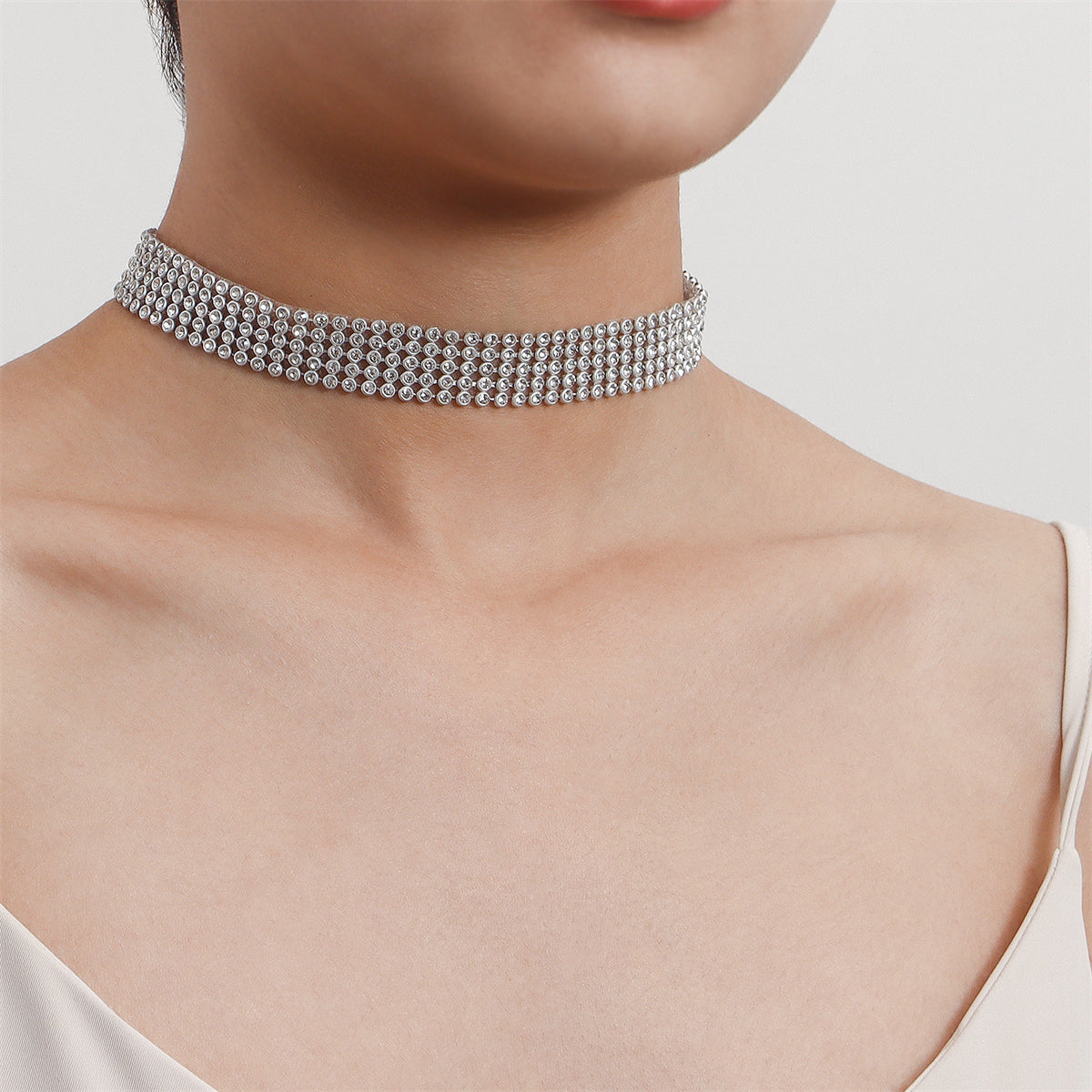 Cubic Zirconia and Silver-Plated Strand Choker Necklace, chunky silver choker necklace, elegant gift for her, front view