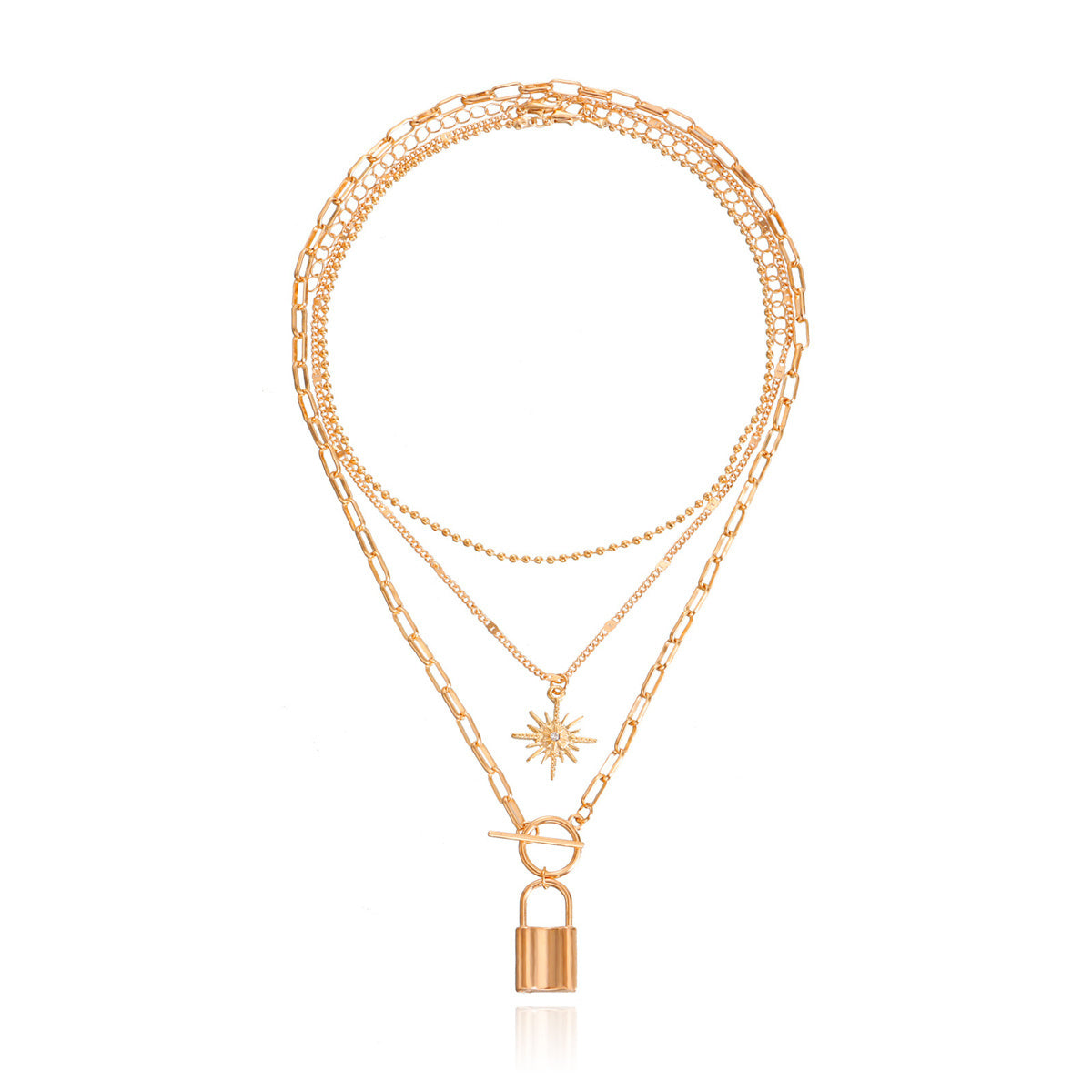Cubic Zirconia and 18K Gold-Plated Lock Star Layered Pendant Necklace, jewelry gift sets for women, detail close-up