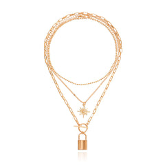 Cubic Zirconia & 18K Gold-Plated Lock Star Layered Pendant Necklace