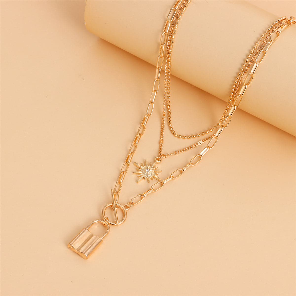 Cubic Zirconia and 18K Gold-Plated Lock Star Layered Pendant Necklace, jewelry gift sets for women, lifestyle look
