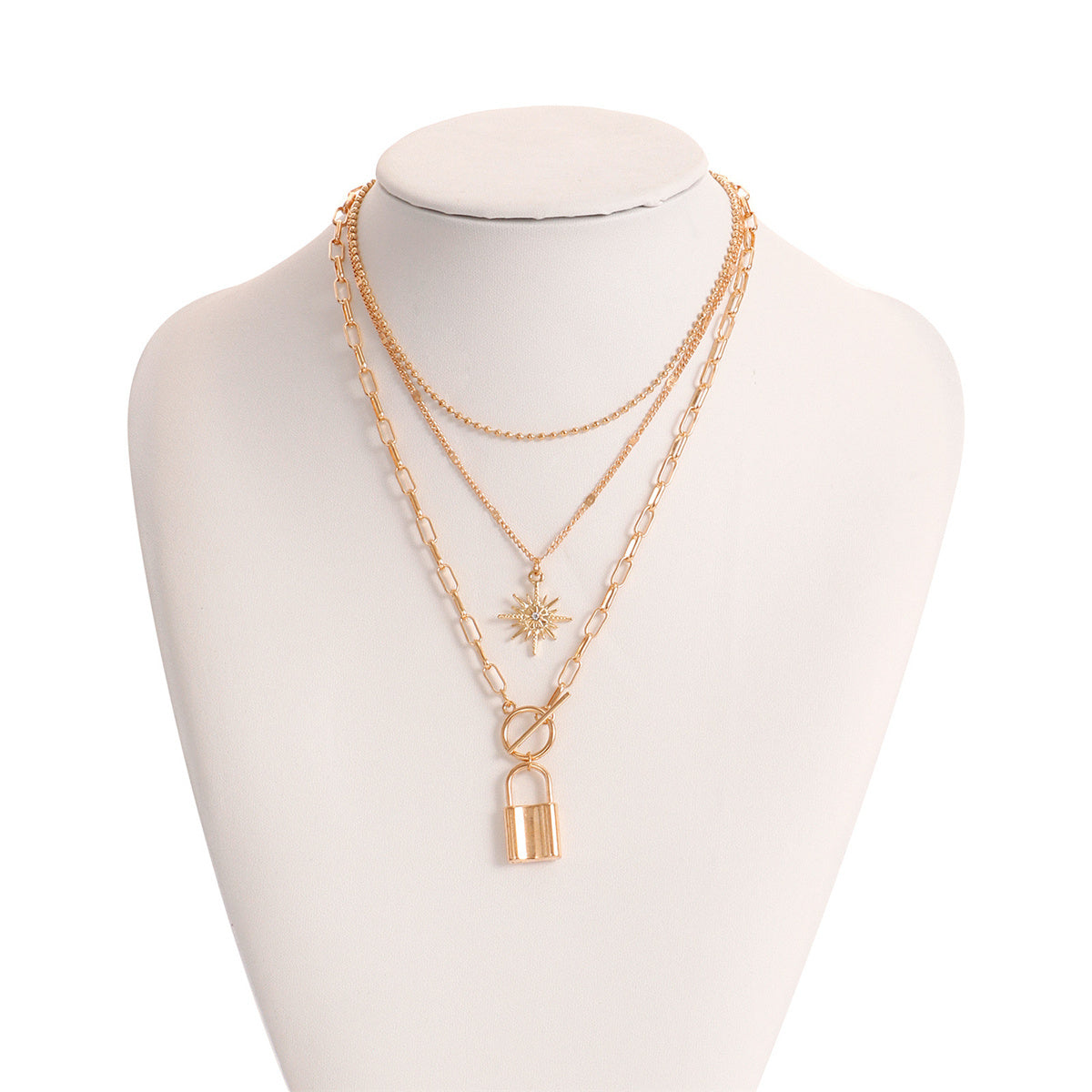 Cubic Zirconia and 18K Gold-Plated Lock Star Layered Pendant Necklace, jewelry gift sets for women, styled look