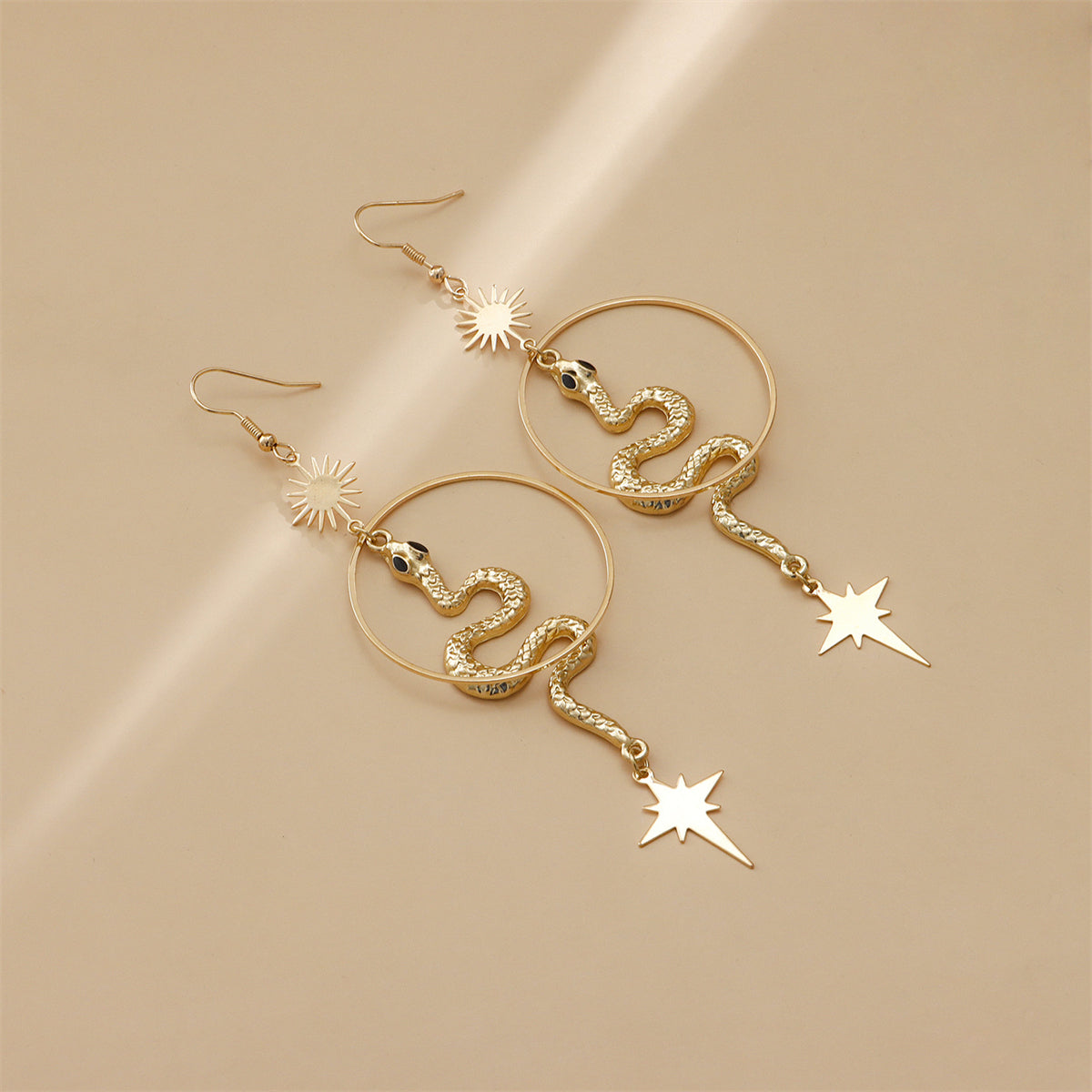 18K Gold-Plated Snake Star Drop Earrings, gold drop earrings for women, botanical inspired, front view