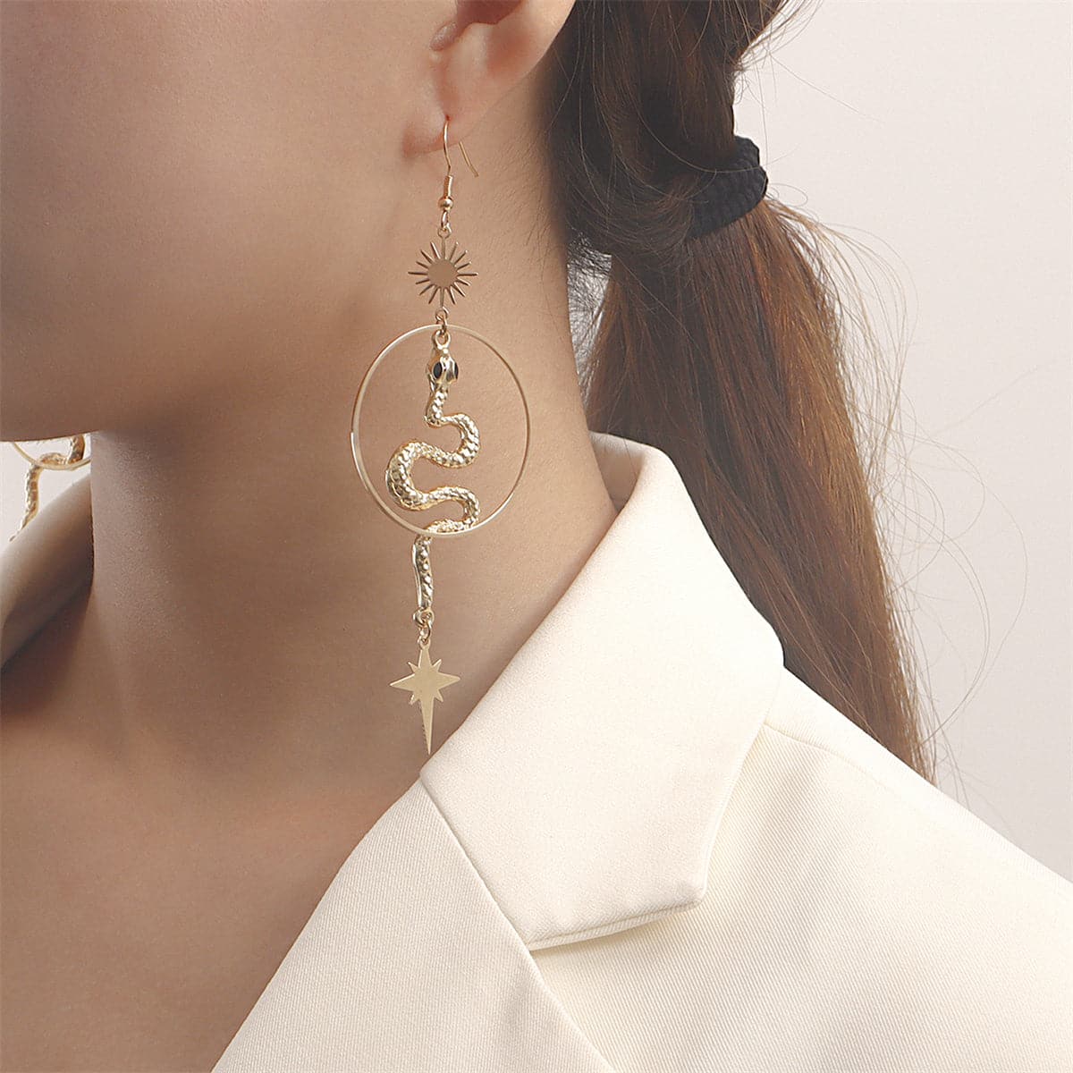 18K Gold-Plated Snake Star Drop Earrings, gold drop earrings for women, botanical inspired, detail close-up