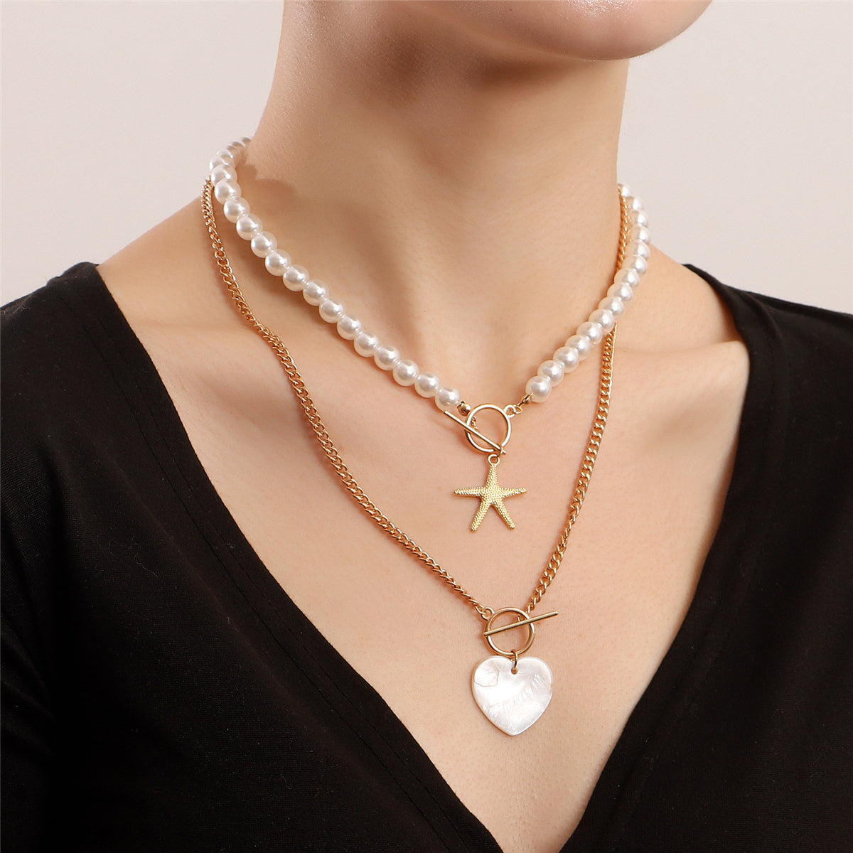 Shell & Pearl 18K Gold-Plated Heart Starfish Pendant Necklace Set
