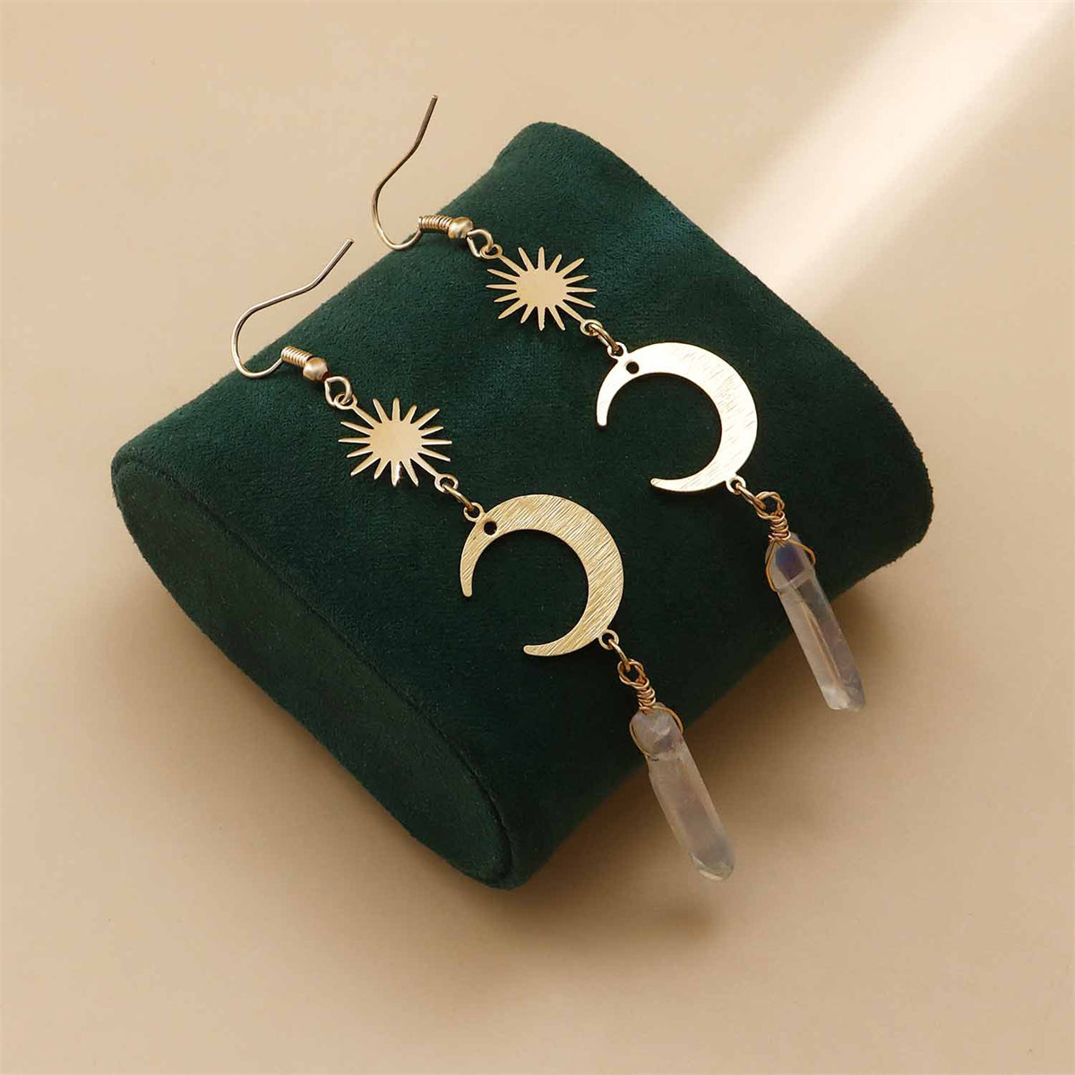Crystal and 18K Gold-Plated Moon Drop Earrings, gold drop earrings for women, elegant gift for her, detail close-up