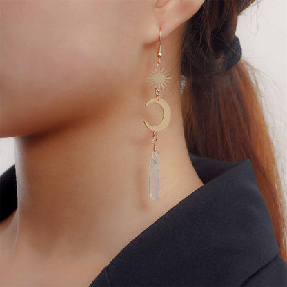 Crystal and 18K Gold-Plated Moon Drop Earrings, gold drop earrings for women, elegant gift for her, front view