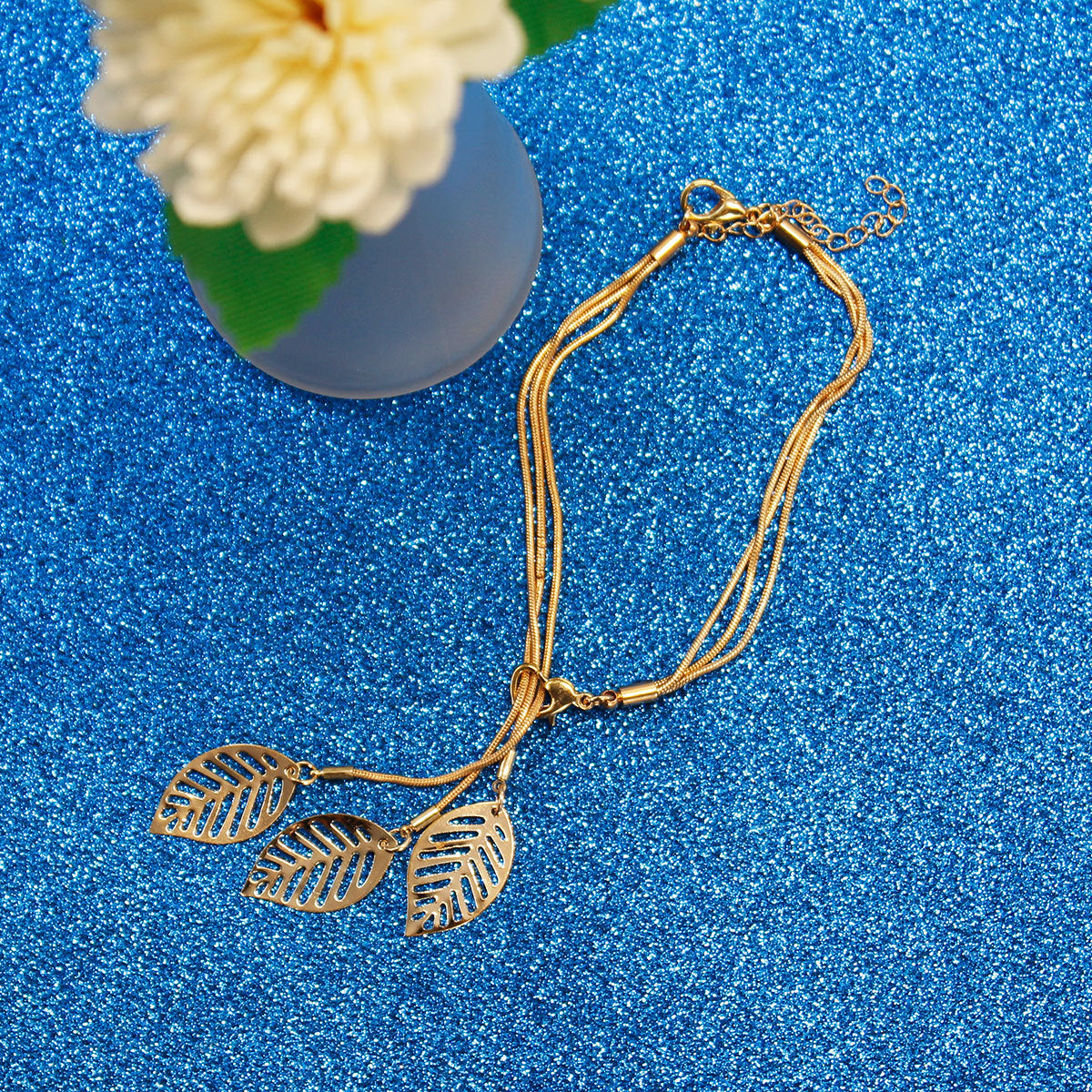 18K Gold-Plated Leaves Adjustable Bracelet, gold bracelet for women, elegant gift for her, front view