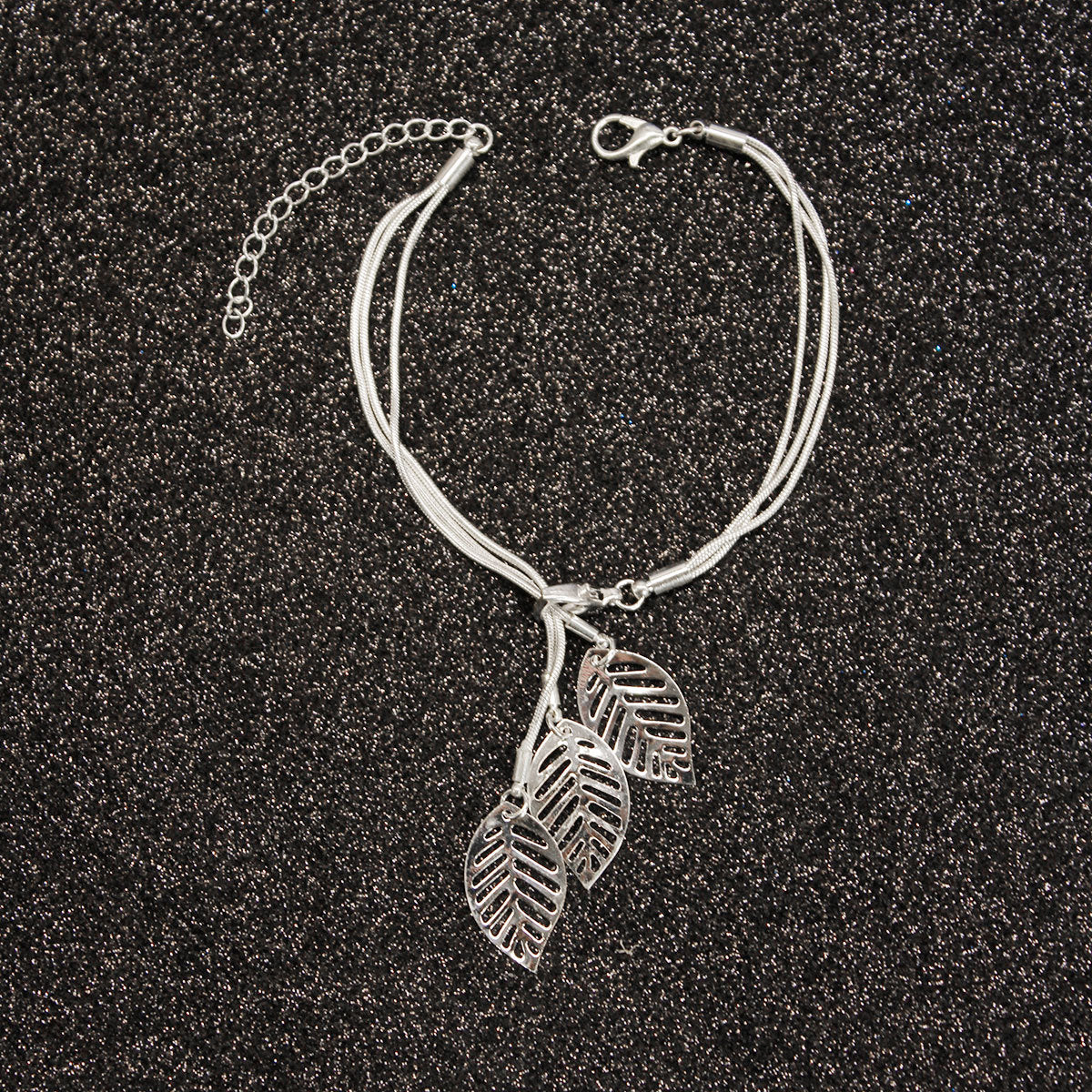 Silver-Plated Leaves Strand Charm Bracelet, silver bracelet for women, dainty minimalist design, styled look
