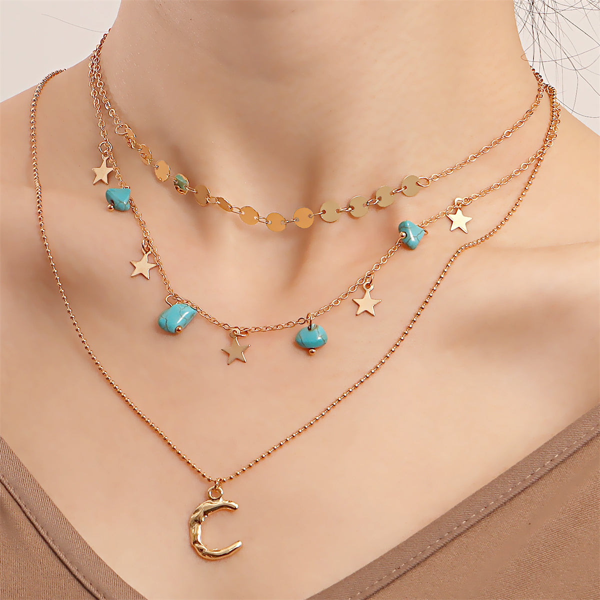 Turquoise and 18K Gold-Plated Star Moon Layered Pendant Necklace, gold pendant necklace for women, front view