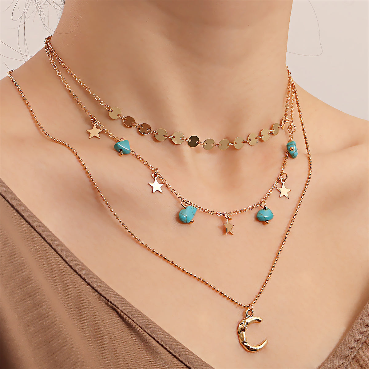 Turquoise and 18K Gold-Plated Star Moon Layered Pendant Necklace, gold pendant necklace for women, side view