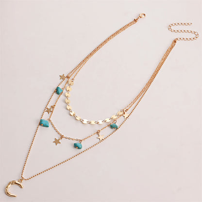 Turquoise and 18K Gold-Plated Star Moon Layered Pendant Necklace, gold pendant necklace for women, lifestyle look