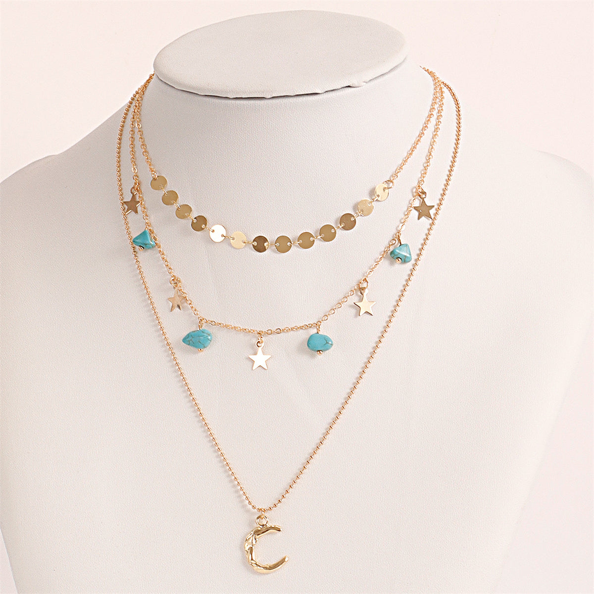 Turquoise and 18K Gold-Plated Star Moon Layered Pendant Necklace, gold pendant necklace for women, detail close-up