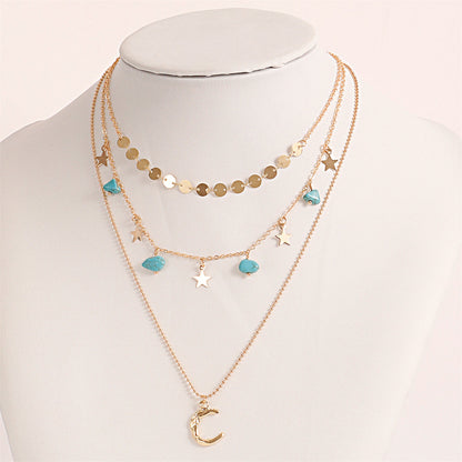 Turquoise and 18K Gold-Plated Star Moon Layered Pendant Necklace, gold pendant necklace for women, detail close-up