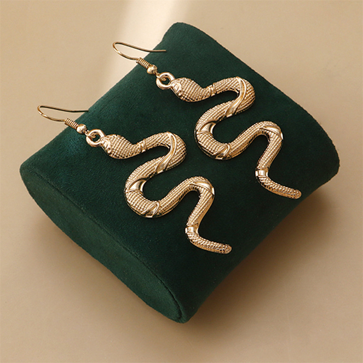 18K Gold-Plated Snake Drop Earrings, gold drop earrings for women, everyday style, detail close-up