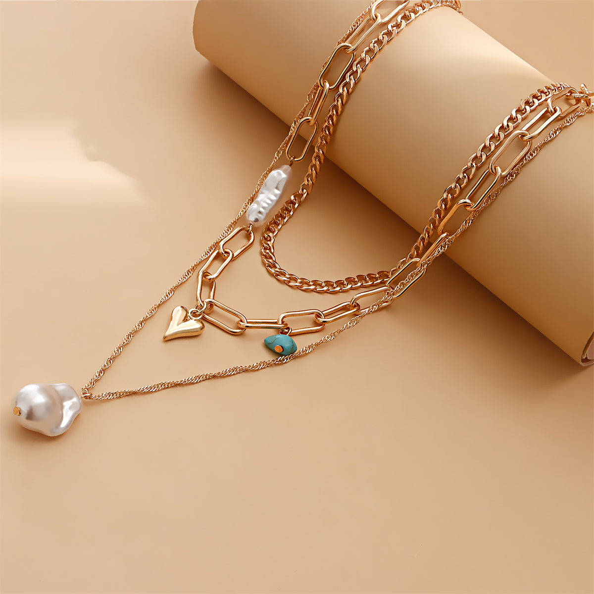Pearl and Turquoise 18K Gold-Plated Heart Pendant Layered Necklace, jewelry gift sets for women, everyday style, side view
