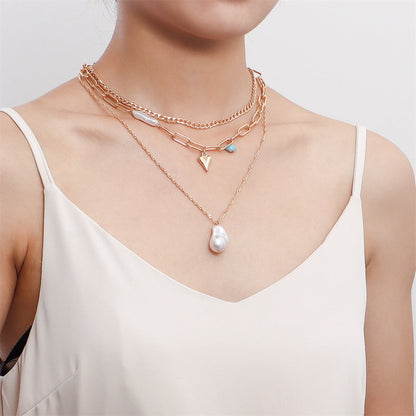 Pearl and Turquoise 18K Gold-Plated Heart Pendant Layered Necklace, jewelry gift sets for women, everyday style, front view