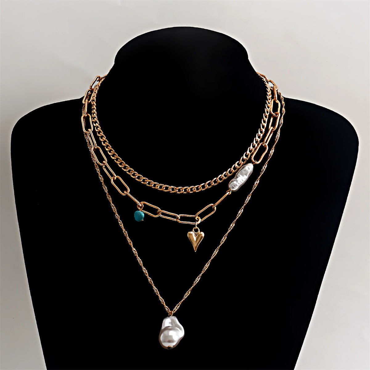 Pearl & Turquoise 18K Gold-Plated Heart Pendant Layered Necklace