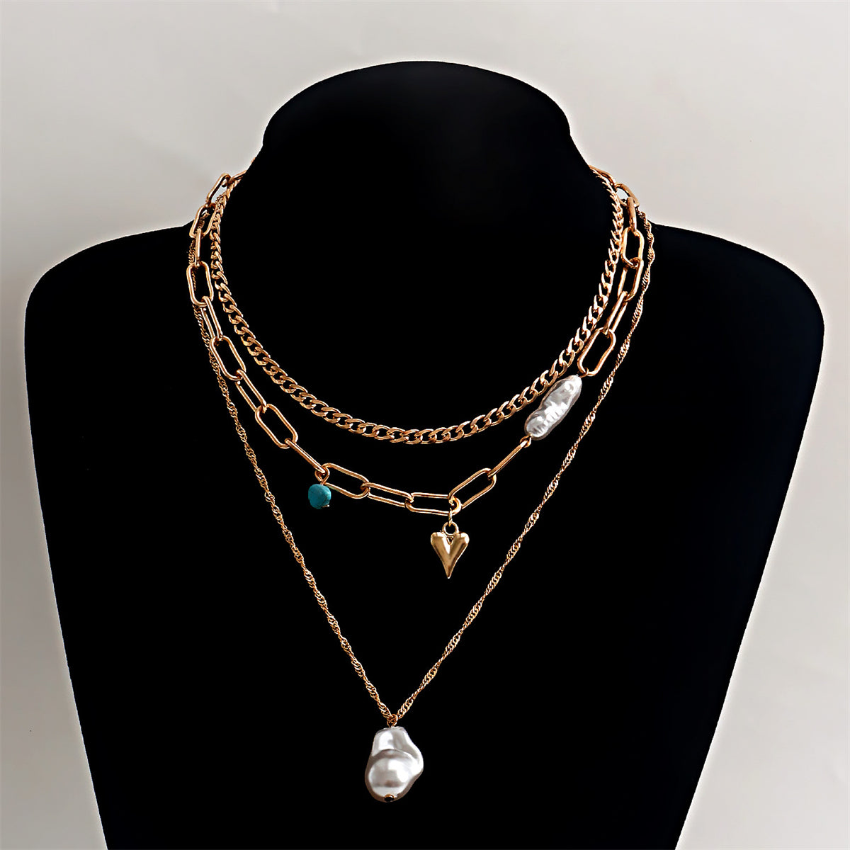 Pearl and Turquoise 18K Gold-Plated Heart Pendant Layered Necklace, jewelry gift sets for women, detail close-up