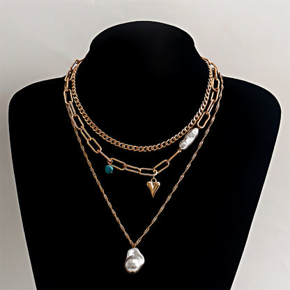 Pearl and Turquoise 18K Gold-Plated Heart Pendant Layered Necklace, jewelry gift sets for women, detail close-up