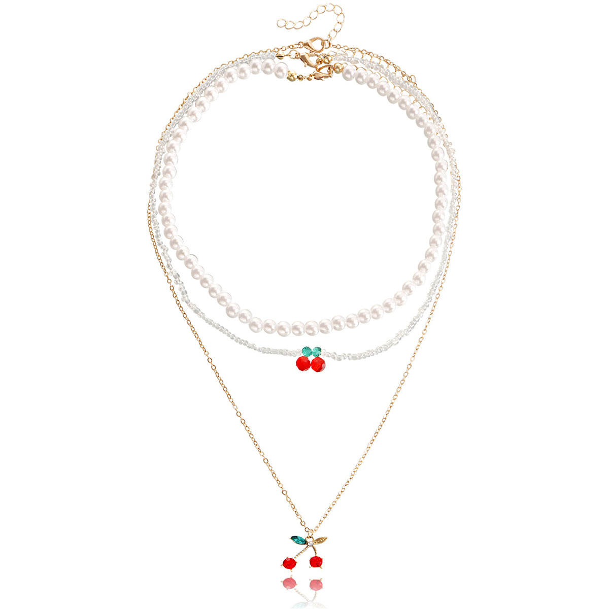 Crystal and Red Cubic Zirconia Cherry Pendant Necklace Set, jewelry gift sets for women, detail close-up