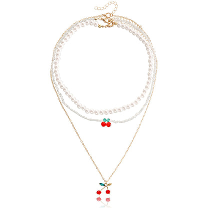 Crystal and Red Cubic Zirconia Cherry Pendant Necklace Set, jewelry gift sets for women, detail close-up