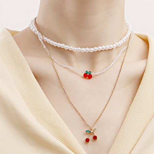 Crystal and Red Cubic Zirconia Cherry Pendant Necklace Set, jewelry gift sets for women, vintage-inspired design, front view