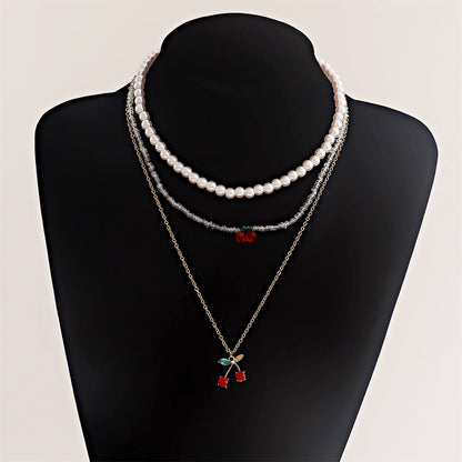 Crystal and Red Cubic Zirconia Cherry Pendant Necklace Set, jewelry gift sets for women, vintage-inspired design, side view