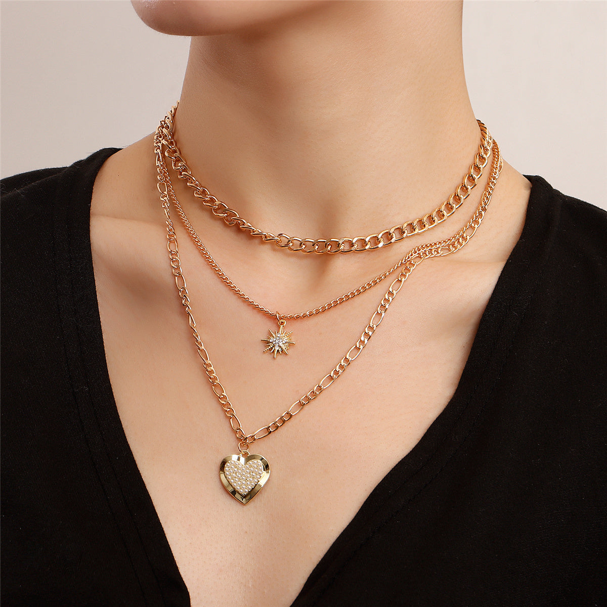 Pearl and Cubic Zirconia Star Heart Pendant Necklace - Set Of Three, jewelry gift sets for women, everyday style, front view