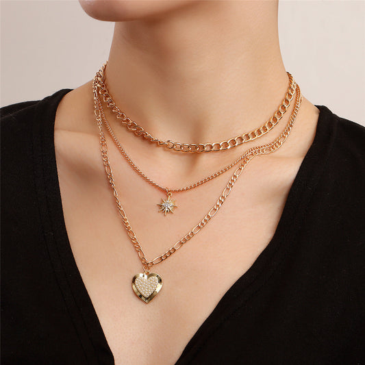 Pearl and Cubic Zirconia Star Heart Pendant Necklace - Set Of Three, jewelry gift sets for women, everyday style, front view