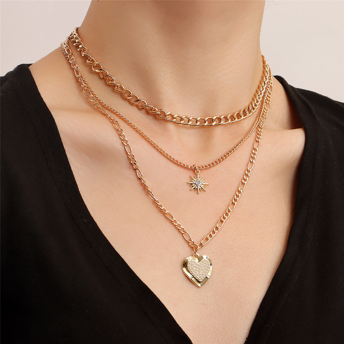 Pearl and Cubic Zirconia Star Heart Pendant Necklace - Set Of Three, jewelry gift sets for women, everyday style, side view