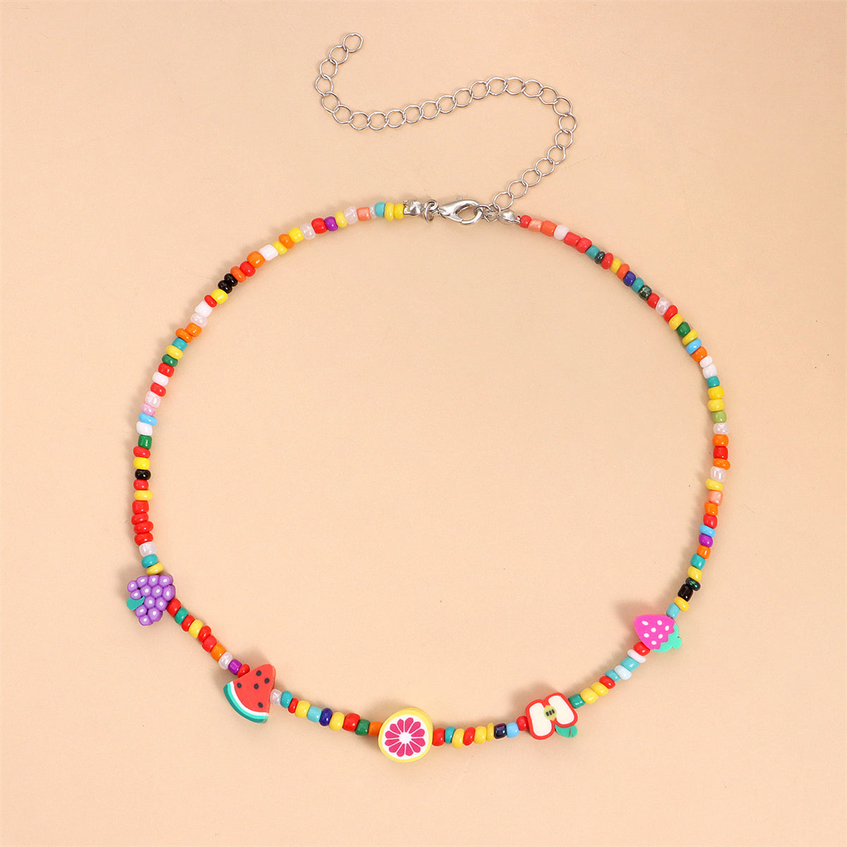 Howlite and Multicolor Fruit Necklace, pendant necklace for women, dainty minimalist design, detail close-up