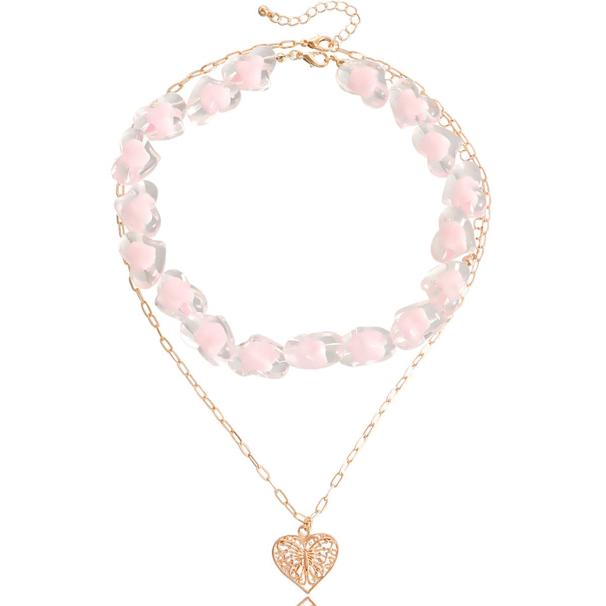 Pink Resin and 18K Gold-Plated Heart Chain Pendant Necklace Set, jewelry gift sets for women, detail close-up