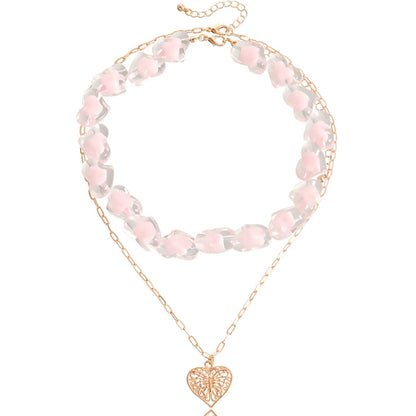 Pink Resin and 18K Gold-Plated Heart Chain Pendant Necklace Set, jewelry gift sets for women, detail close-up