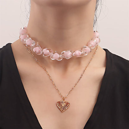 Pink Resin and 18K Gold-Plated Heart Chain Pendant Necklace Set, jewelry gift sets for women, front view