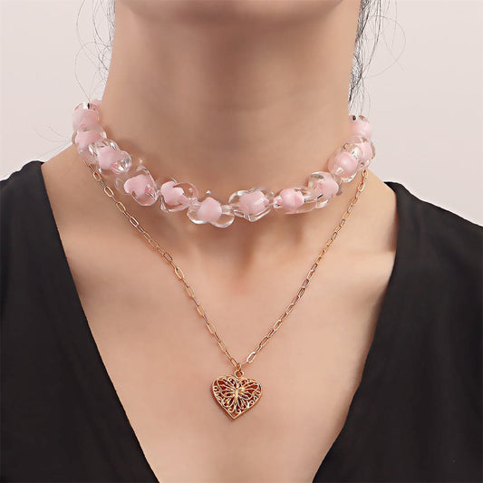 Pink Resin and 18K Gold-Plated Heart Chain Pendant Necklace Set, jewelry gift sets for women, front view