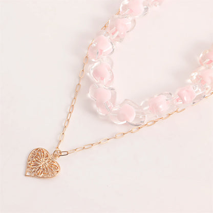 Pink Resin and 18K Gold-Plated Heart Chain Pendant Necklace Set, jewelry gift sets for women, lifestyle look