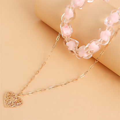 Pink Resin and 18K Gold-Plated Heart Chain Pendant Necklace Set, jewelry gift sets for women, styled look