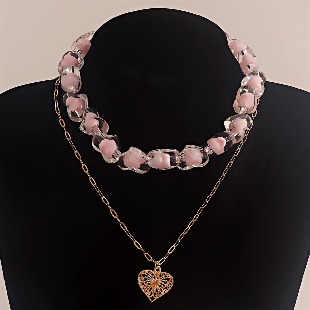Pink Resin and 18K Gold-Plated Heart Chain Pendant Necklace Set, jewelry gift sets for women, side view