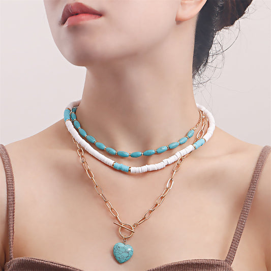 Turquoise and White Polymer Clay 18K Gold-Plated Heart Layered Pendant Necklace Set, gold pendant necklace..., front view