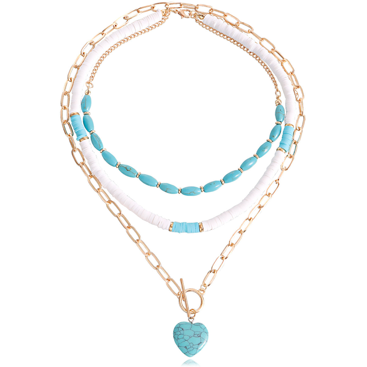 Turquoise and White Polymer Clay 18K Gold-Plated Heart Layered Pendant Necklace Set, gold pendant necklace for..., side view