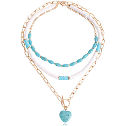Turquoise and White Polymer Clay 18K Gold-Plated Heart Layered Pendant Necklace Set, gold pendant necklace for..., side view