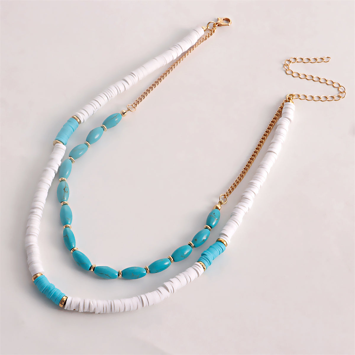 Turquoise and White Polymer Clay 18K Gold-Plated Heart Layered Pendant Necklace Set, gold pendant..., detail close-up