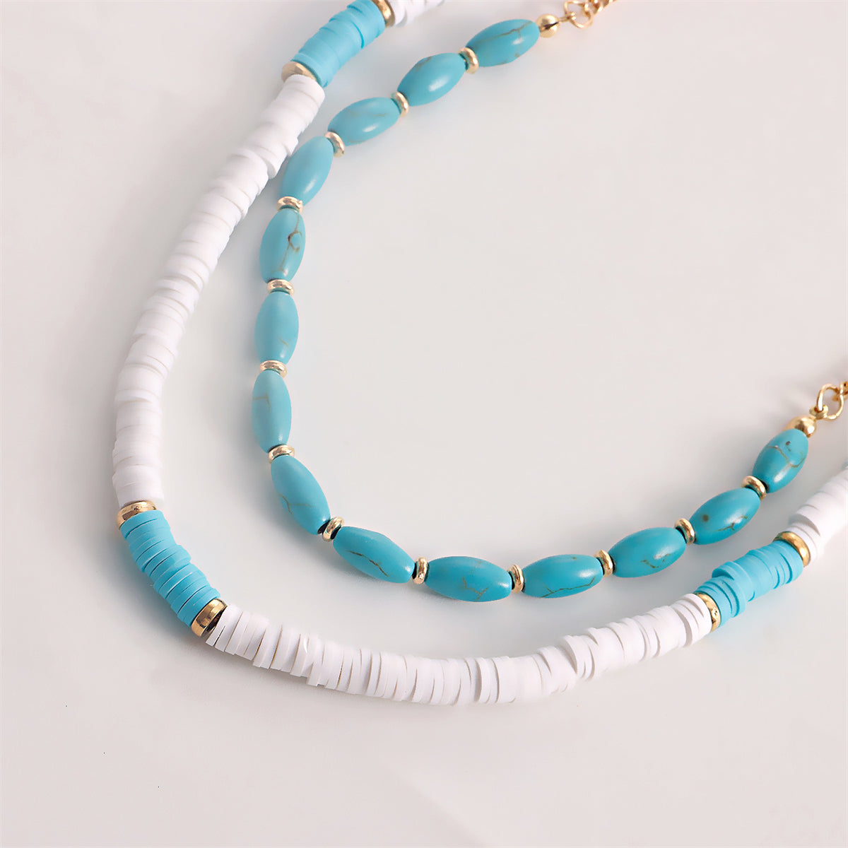 Turquoise and White Polymer Clay 18K Gold-Plated Heart Layered Pendant Necklace Set, gold pendant..., lifestyle look