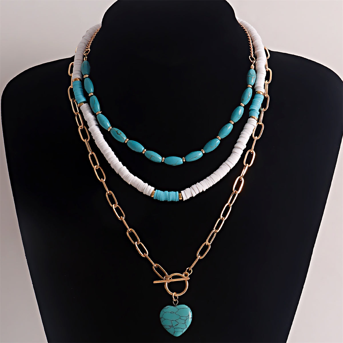 Turquoise and White Polymer Clay 18K Gold-Plated Heart Layered Pendant Necklace Set, gold pendant necklace..., styled look