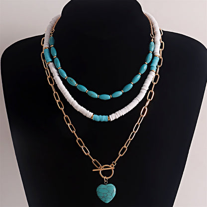 Turquoise and White Polymer Clay 18K Gold-Plated Heart Layered Pendant Necklace Set, gold pendant necklace..., styled look